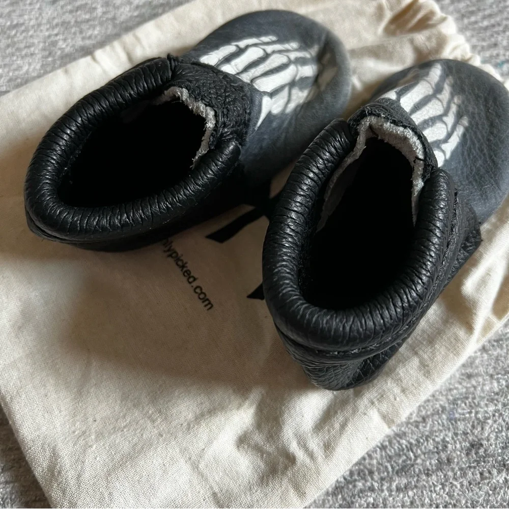 Freshly Picked Black Skeleton Kids Moccasins Shoes Size 3